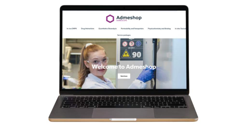Laptop displaying the Admeshop website, Admescope's online catalogue of ADME-Tox services.